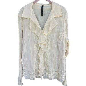 Vtg Isabella Rodriguez Silk Cream Crinkle Ruffle Lace V-Neck Top Coquette XL